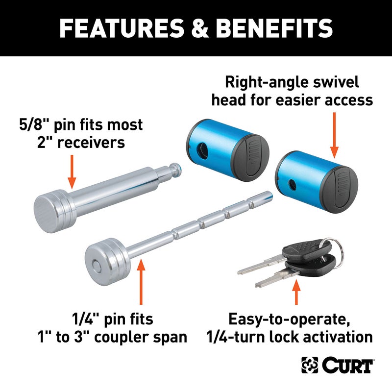 CURT 23505 Right-Angle Trailer Lock Set, 5/8-Inch Pin for 2-Inch Receiver, 1/4 x 3-Inch Coupler Span - Image 3
